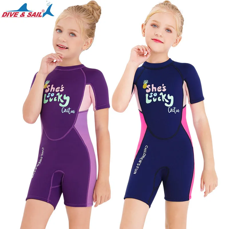 

Girls 2.5MM Warm Swimsuit One-Piece Short Sleeve Neoprene Scuba Diving Suit Kids Swimming Surfing Snorkeling Freedive Wetsuit