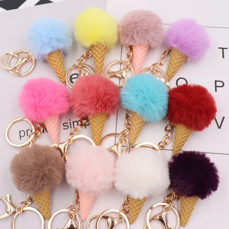 New 5cm Imitation Rex Rabbit Fur Ball Ice Cream Cone Key Chain Pendant Bag Car Key Pendant