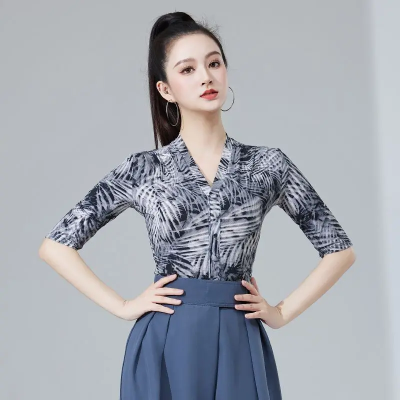 Danza latina Top monopezzo Donna Adulto Danza moderna Scollo a V Stampa leopardata Pratica Performance Costume Ballo da sala