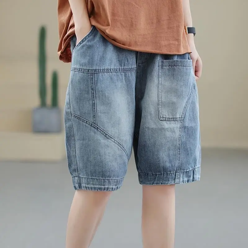 

Summer Women's Denim Shorts 5 Minute Pants Elastic Waist Light Blue Casual Loose Thin Plus Size
