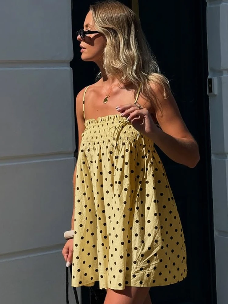 

Tossy Fashion Polka Dot Spaghetti Mini Dress Backless Sleeveless Slash Neck Patchwork Loose Dress Y2k Women Mini Dress New 2025