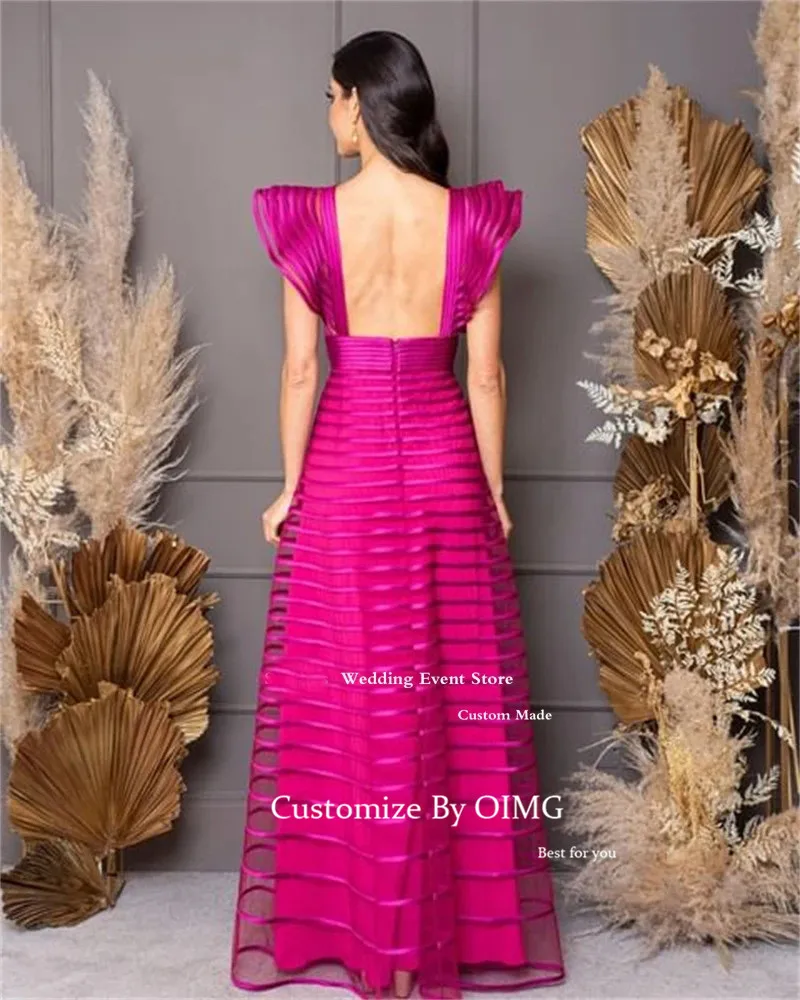 OIMG Fuschia Gaun Malam Elegan untuk Wanita Pesta V Lengan Topi Leher Renda Arab Femme Gaun Prom Formal 2023 Robe De Soiree