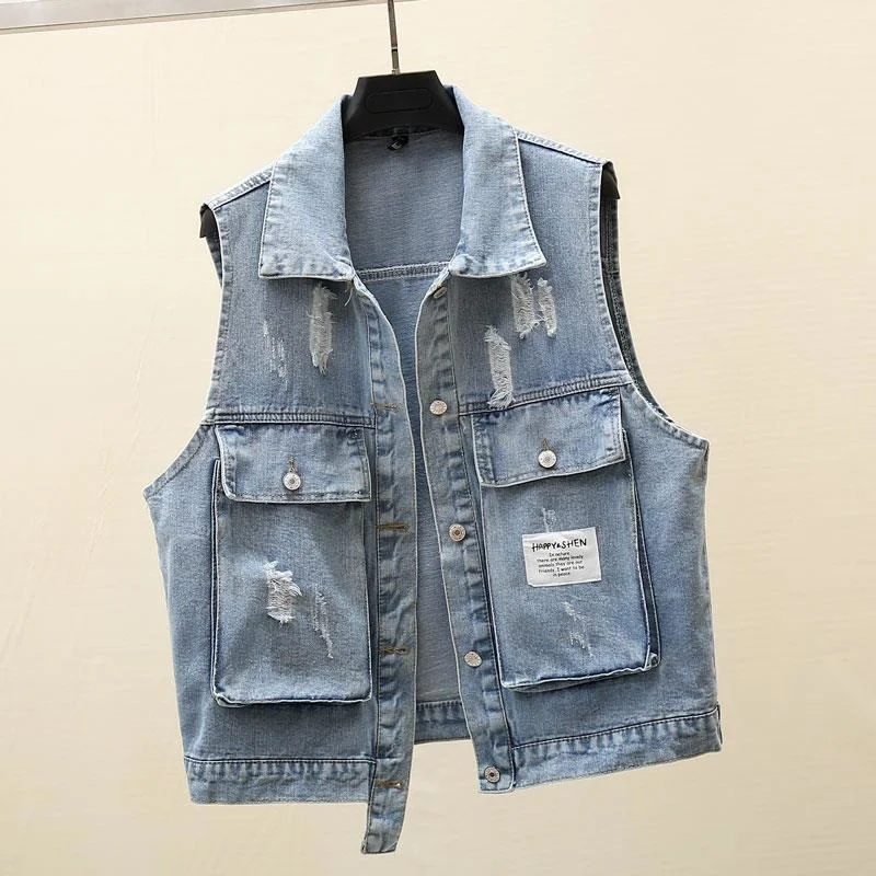 Casual Korean Denim Vest Women Streetwear Hole Loose Sleeveless Female Jacket Spring Big Pocket Waistcoat