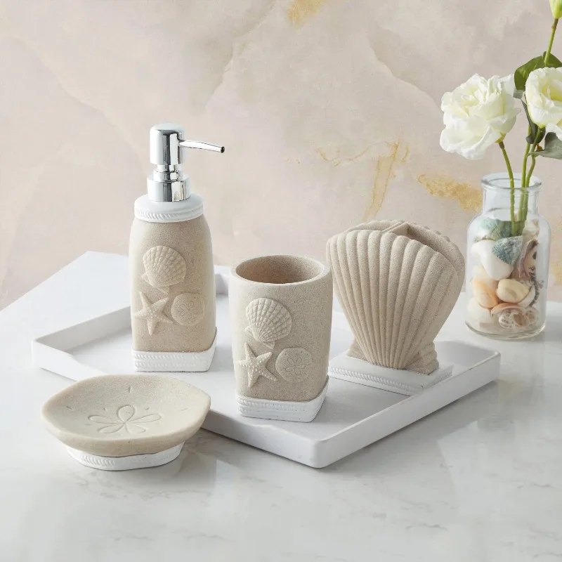 

Coastal Shell Bath Accessory Collection 4 Piece Bathroom Set