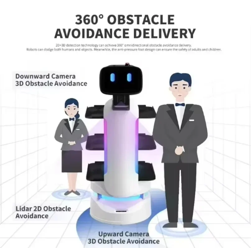 Robot de entrega comercial con sensor inteligente para evitar obstáculos con diseño humanoide