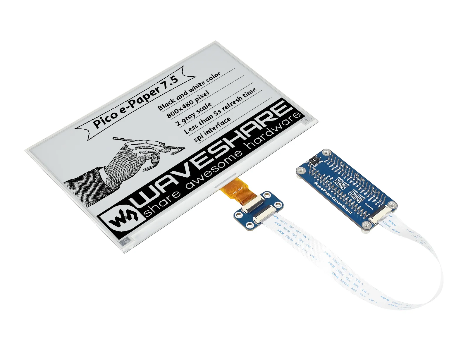 

Waveshare 7,5 дюймовый E-Paper E-Ink модуль дисплея для Raspberry Pi Pico, 800 × 480 пикселей, черный/белый, интерфейс SPI