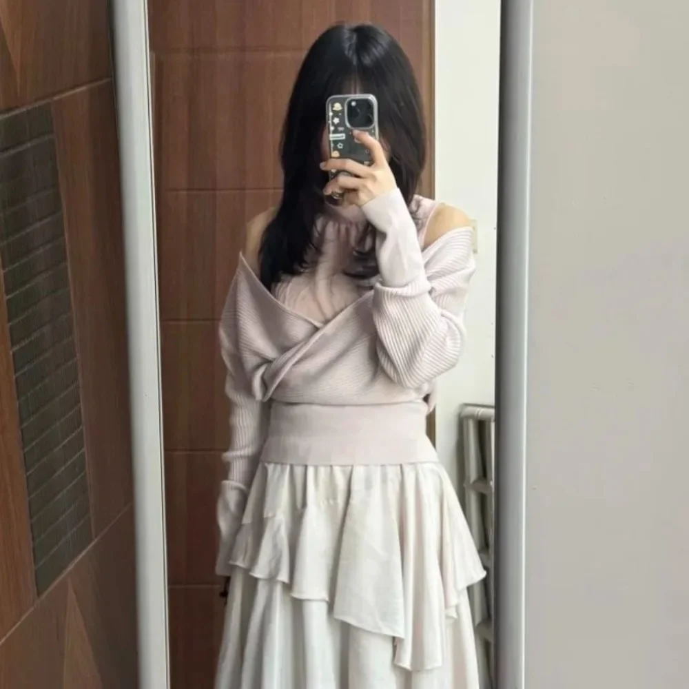 

Шифоновый вязаный свитер с открытыми плечами Pull Femme, свободные лоскутные однотонные свитера в японском стиле, универсальный элегантный простой модный джемпер