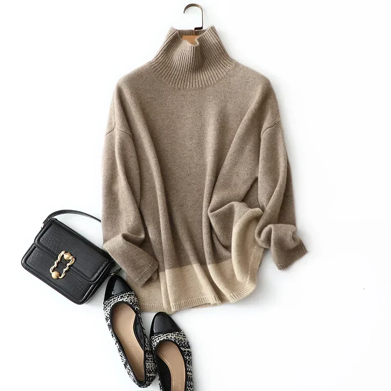 aliaga new arrival warm women sweater side slit oversized turtleneck pullover high quality soft 100% cashmere turtleneck female