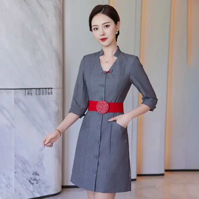 航空スチュワーデス高級制服と帽子夏のファッション七分袖ローブドレス客室乗務員面接作業服