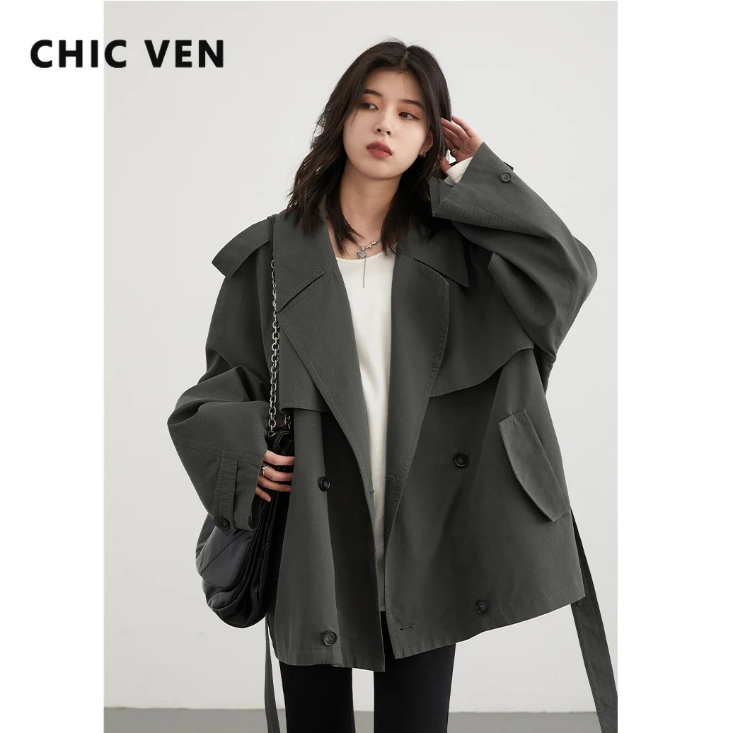 CHIC VEN Women Trench Coat Solid Loose Long Sleeved Double Breasted Ladies Windbreaker Overcoat with Belt Spring Autumn 2024