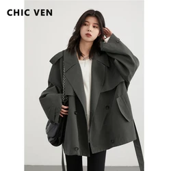 CHIC VEN Women Trench Coat Solid Loose Long Sleeved Double Breasted Ladies Windbreaker Overcoat with Belt Spring Autumn 2024