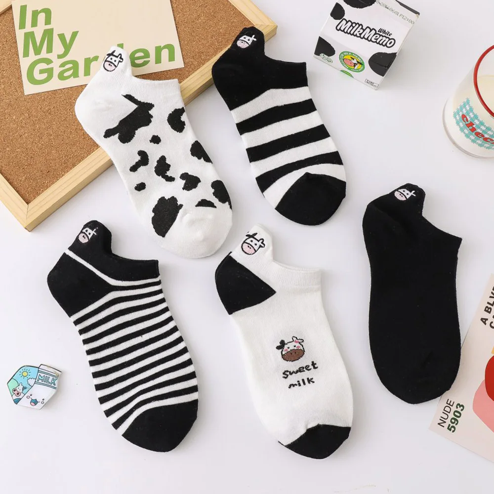 

5 Pair Cow Print Short Women Socks Cute Embroidery Comfortable Cotton Socks Fashion College Kawaii Stripe Cool Summer Sokken