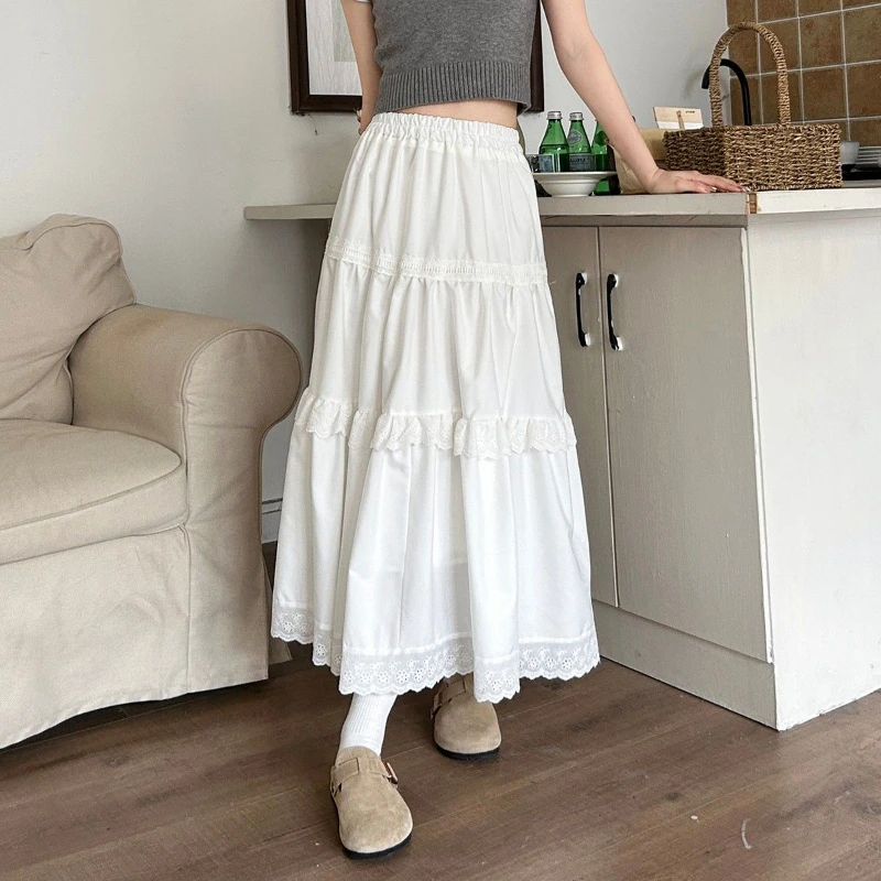 Deeptown White Long Skirt Women Elegant Ruffle Korean Style Lace Midi Skirt Sweet Kawaii High Waist Casual Solid A-line Skirts