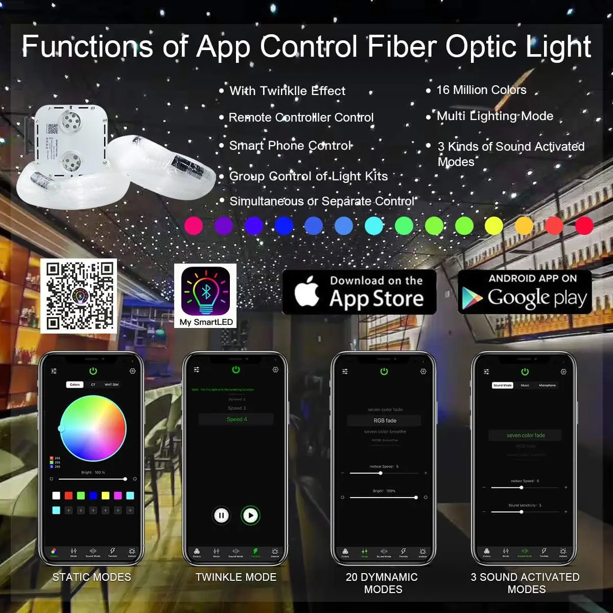 32W APP Twinkle Dual Head Fiber Optic Lights Kit Music Activated RGBW Star Ceiling Sky Light