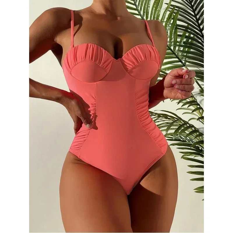 2023 New One Piece Swimsuit Swimwear Women Sexy Push Up Pleated Solid Bathing Suit Beachwear Maio Feminino Praia Banadores Mujer