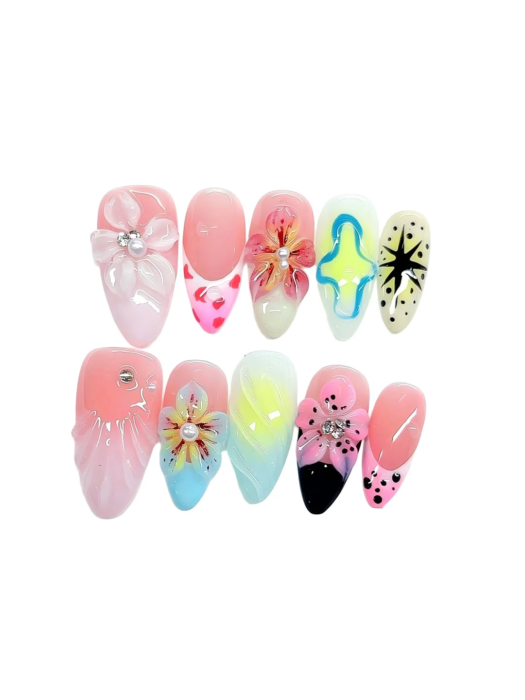 

3D Floral Rhinestone Press on Nails - Colorful Mixed Pattern Long Coffin False Nails for Women（K036）