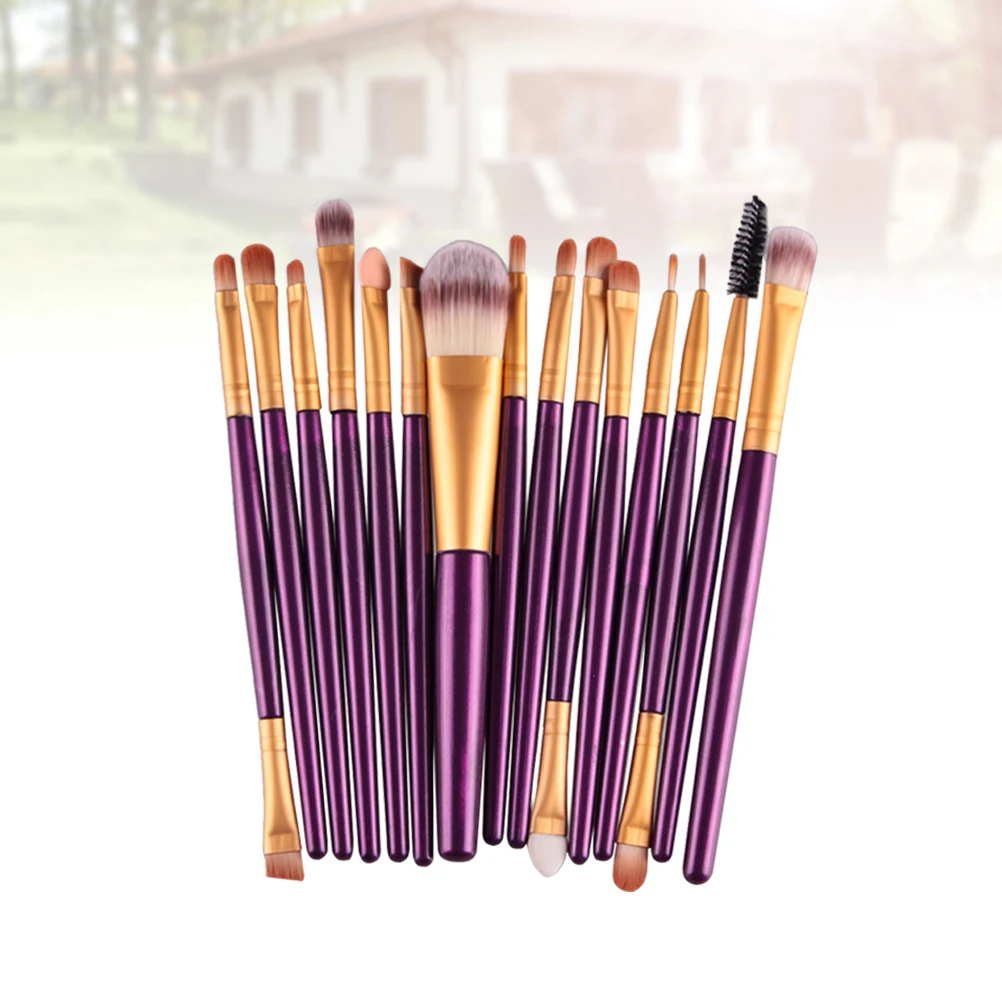 

15pcs Plastic Handle Nylon Bristles Makeup Brush Cosmetics Powder Blush Brush Kit for Woman (Purple and Golden)