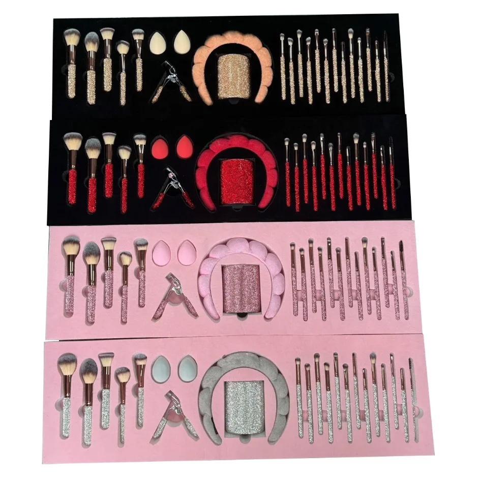 Bling Makeup Brushes with Rhinestone Face Concealer Eyeliner Blusher Puffs Eyelash Curler Storage Bucket Headbands 23 Sets