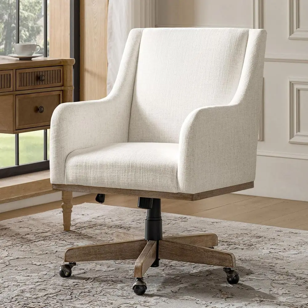 Elegant Ivory Swivel Desk Chair with Upholstered Seat and Curved Armrests for Home Office