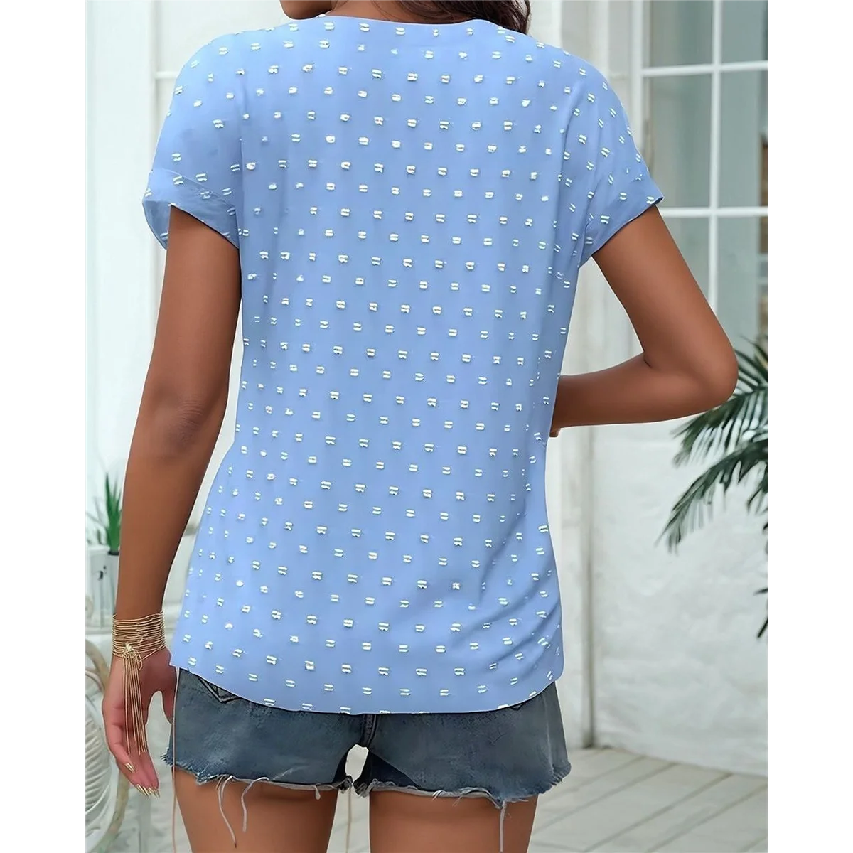 AOAO-Donna 2025 Camicetta estiva a maniche corte con scollo a V e volant Camicia fluida a pois