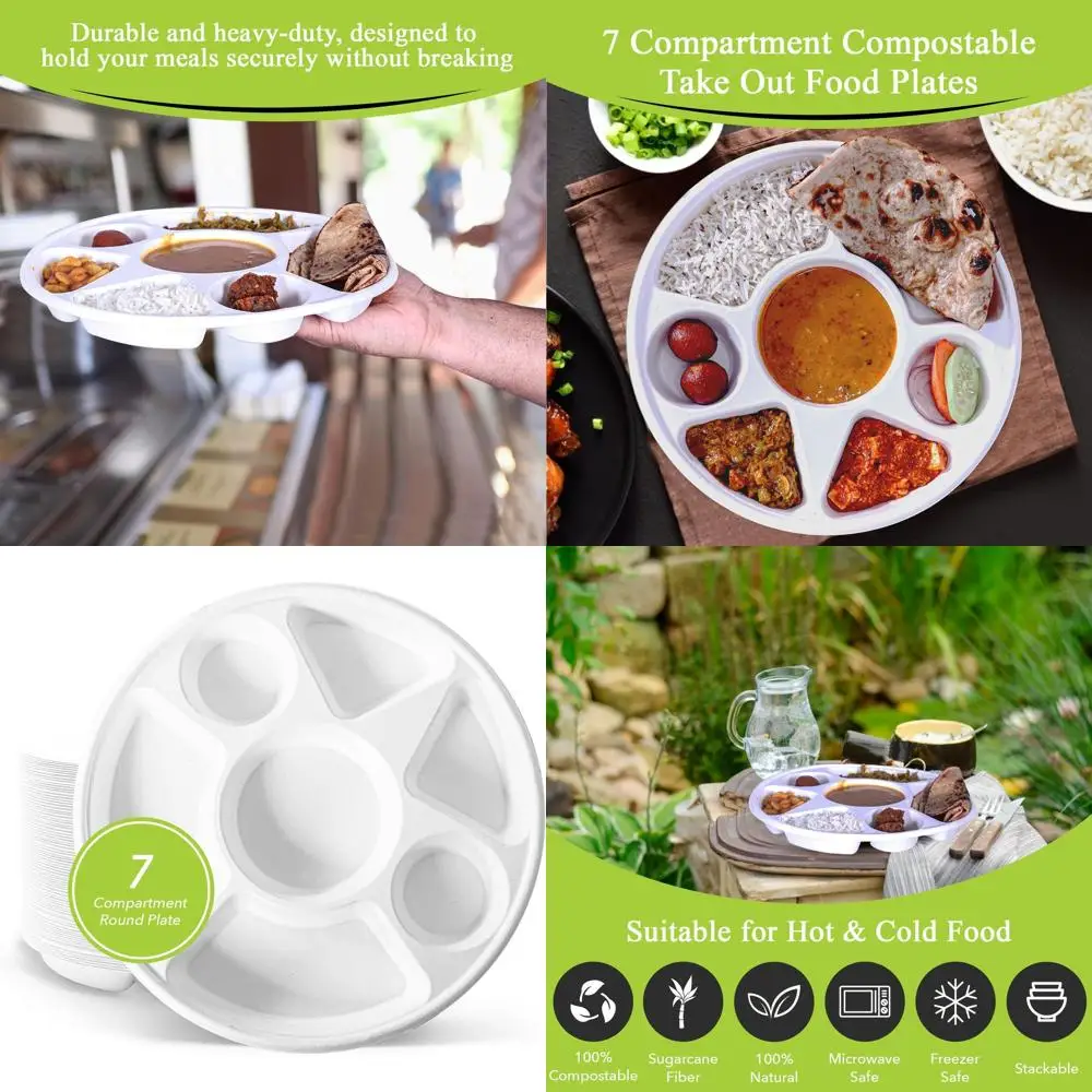 

7-Section Biodegradable Round Plate, 100-Count, Strong & Eco-Friendly Bagasse Compartment Plates
