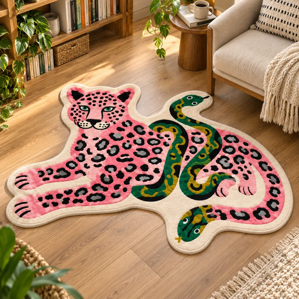 Pink Leopard and Snake Shaped Flannel Rug, Spotted Animal Floor Mat for Bedroom Living Room Reading Corner Home Decor Accent