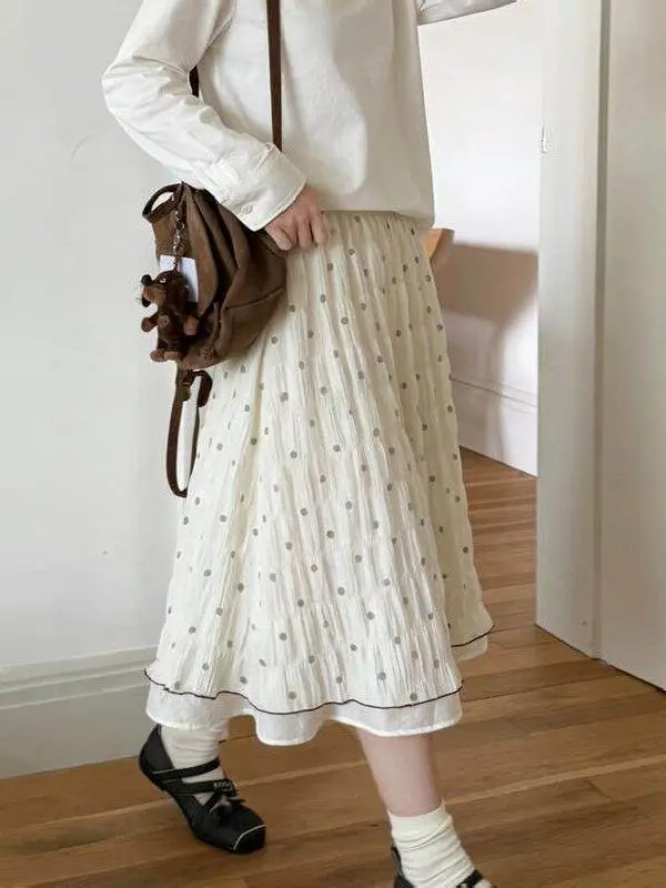 Gentle Wind Grey Polka Dot Pleated Half Skirt Women's Zipper Waist Conceal Meat Mid-Length A-Line Umbrella Skirt