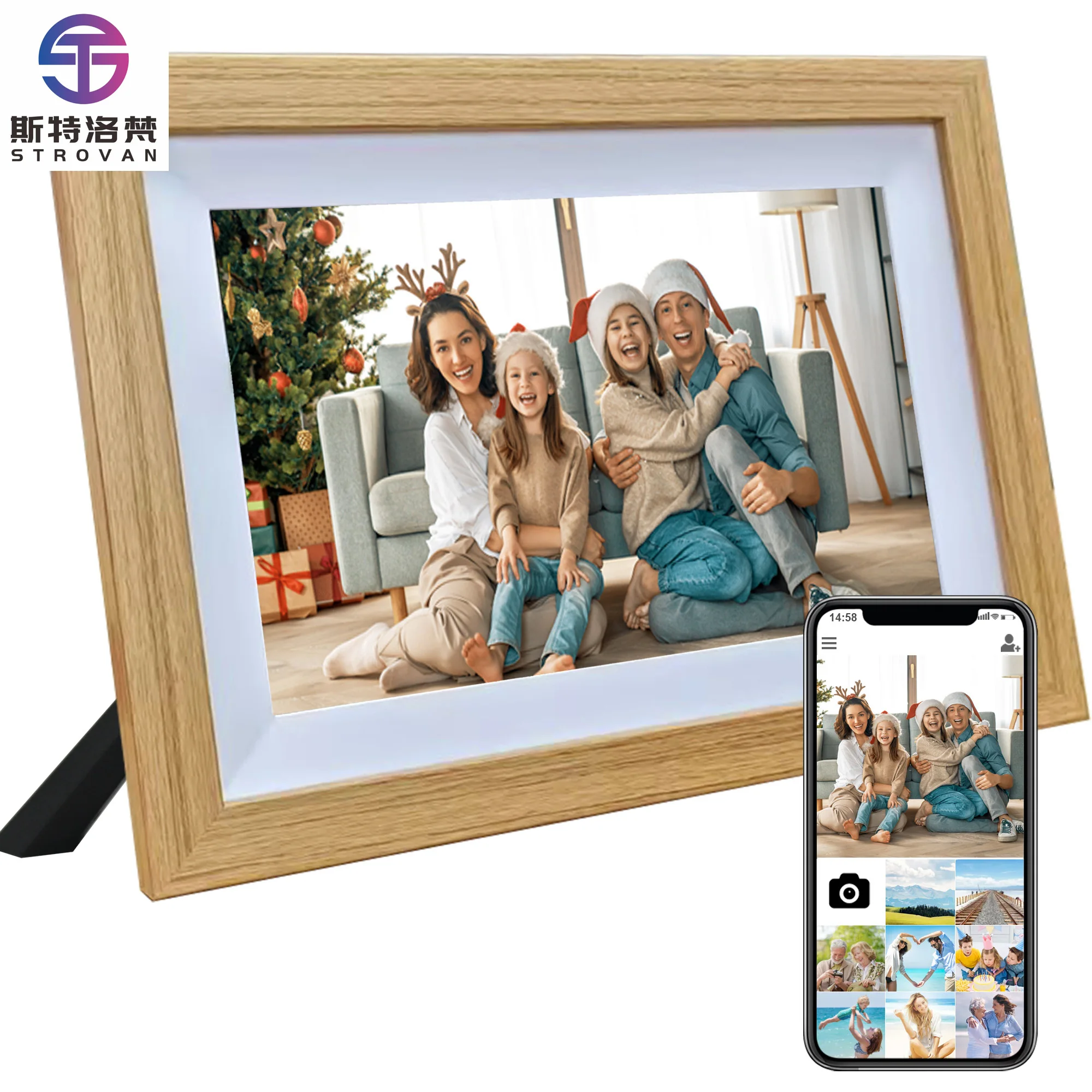Modern Elegant Grey Wood Digital Photo Frame 1280x800 HD 32GB Memory WiFi Enabled Acrylic Material RK3126 Model