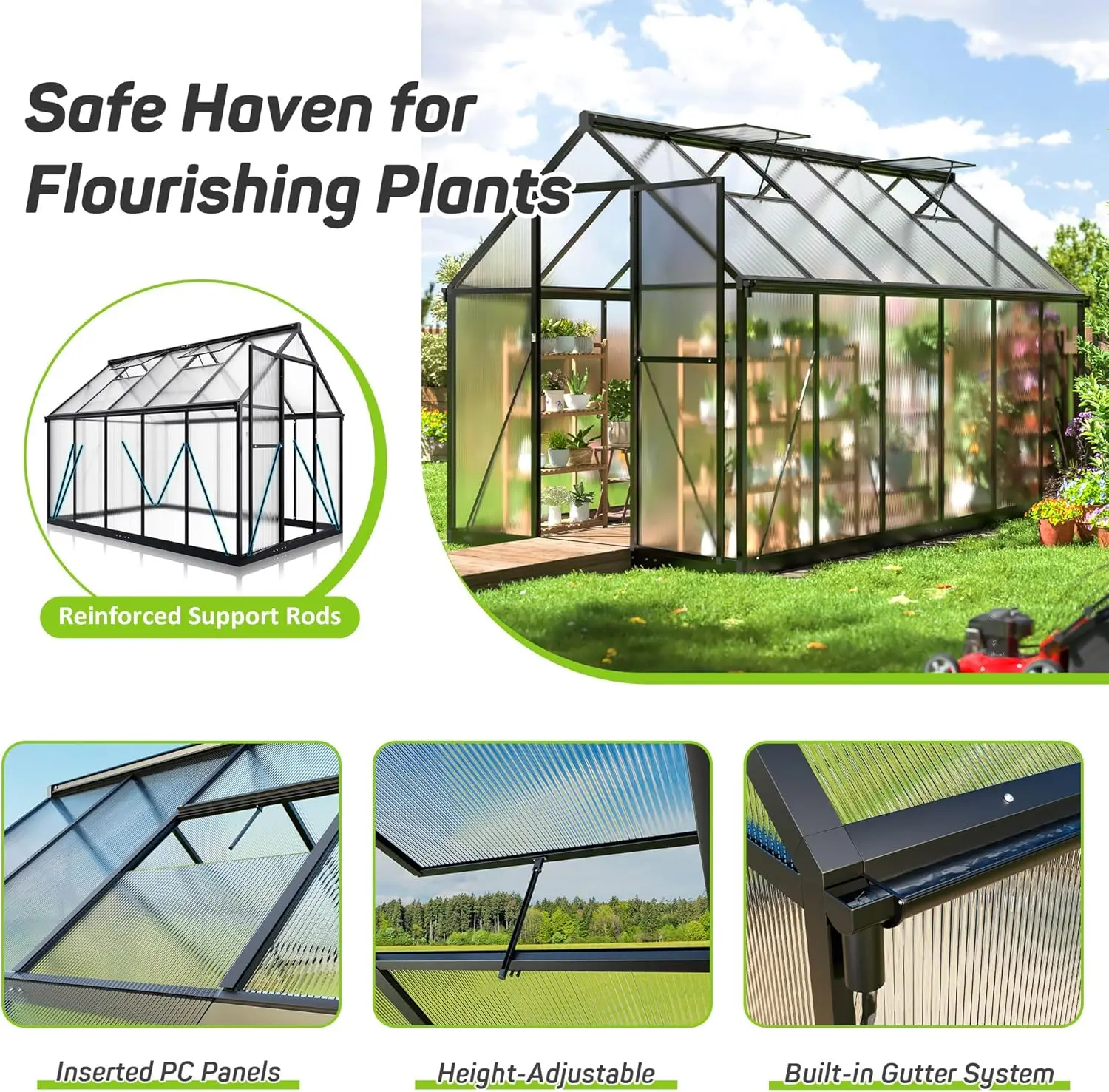 6X11 Ft Greenhouse With Quick Setup Structure And Roof Vent, Polycarbonate Greenhouse For Outdoors, Aluminum Large Walk-In