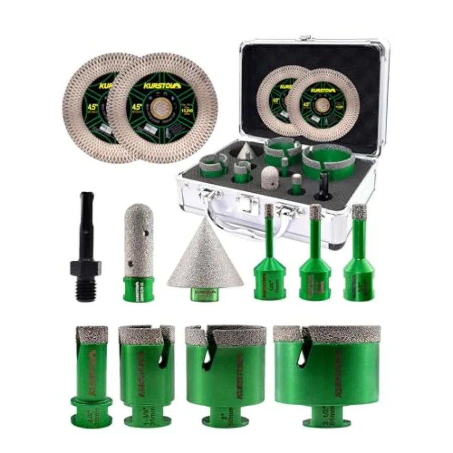 

Tile Hole Saw Kit 12pcs- Diamond Core Drill Bits 6/8/10/20/35/50/65MM+4/5'' Finger Bit+2'' Chamfer Bit+2pcs 4-1/2'' Cutting and