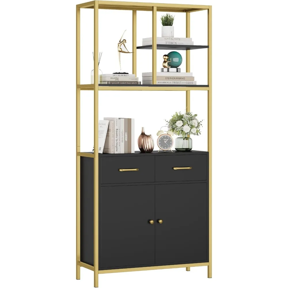 

71” Tall Bookcase, Modern White and Gold Bookcase with Drawers and Storage, Gold/Black