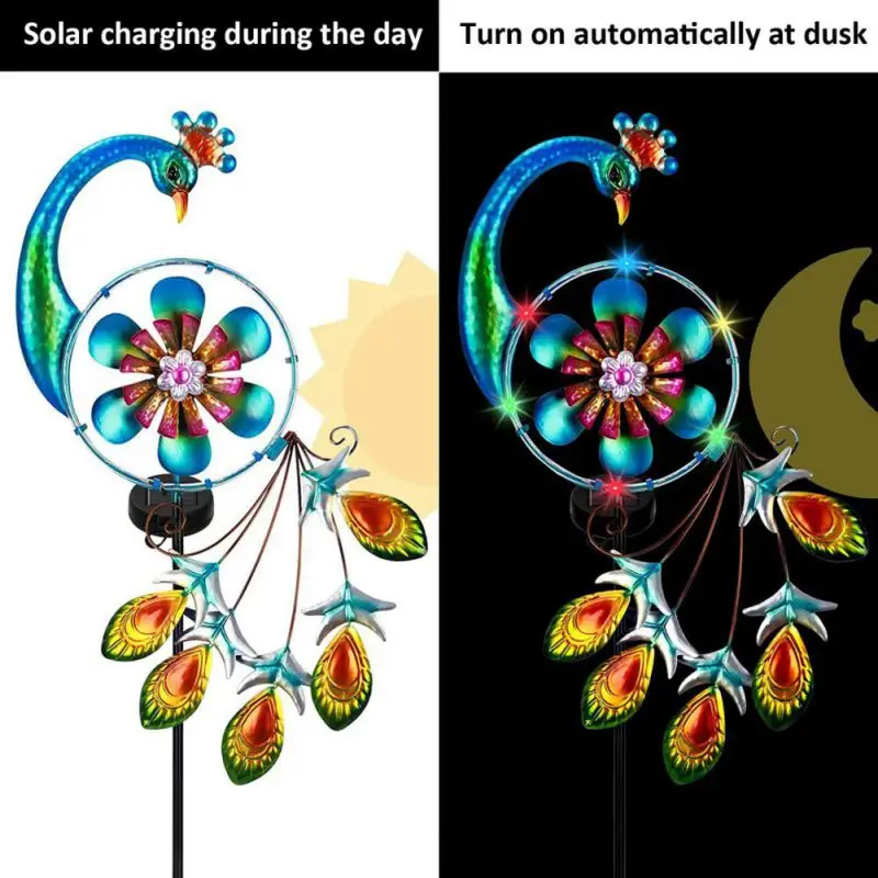 Solar Peacock Lamp, Wrought Iron Outdoor Lawn Lamp, Courtyard Garden Decoration Layout, Plug-In Lamp, Glass Cracked Ball Lamp