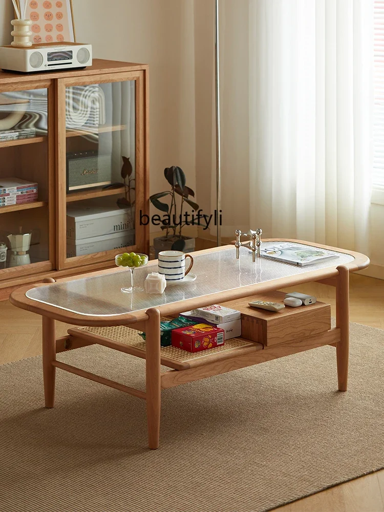 

Nordic solid wood coffee table cherry wood tea table rattan glass rectangular coffee table living room R