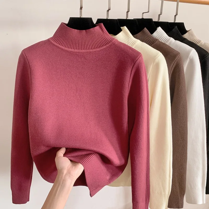 Winter Thicken Plus Velvet Knitted Sweater Women's Slim Warm Plush Lined Knit Tops Korean Basic Knitwear Jumper Casual Pullover