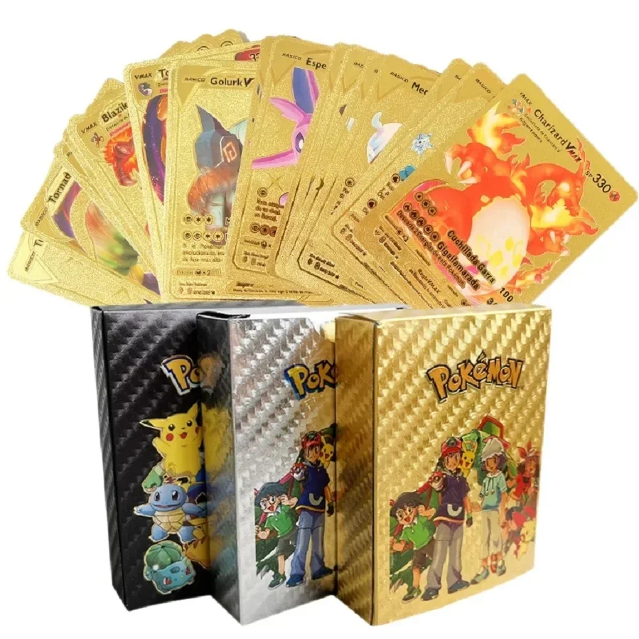 55Pcs Pokemon Gold Foil Card VMAX GX Cards English Spanish German Pikachu Charizard Arceus Colour Pokémon Cards Gift