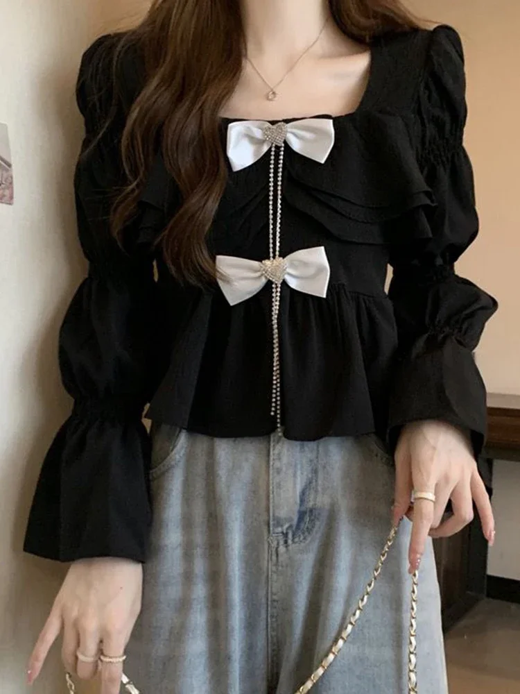 

Korean Fashion Sweet Shirts Female French Style Elegant Long Sleeve Tops Cute Square Collar Ruffles Shirts White Blouse Women
