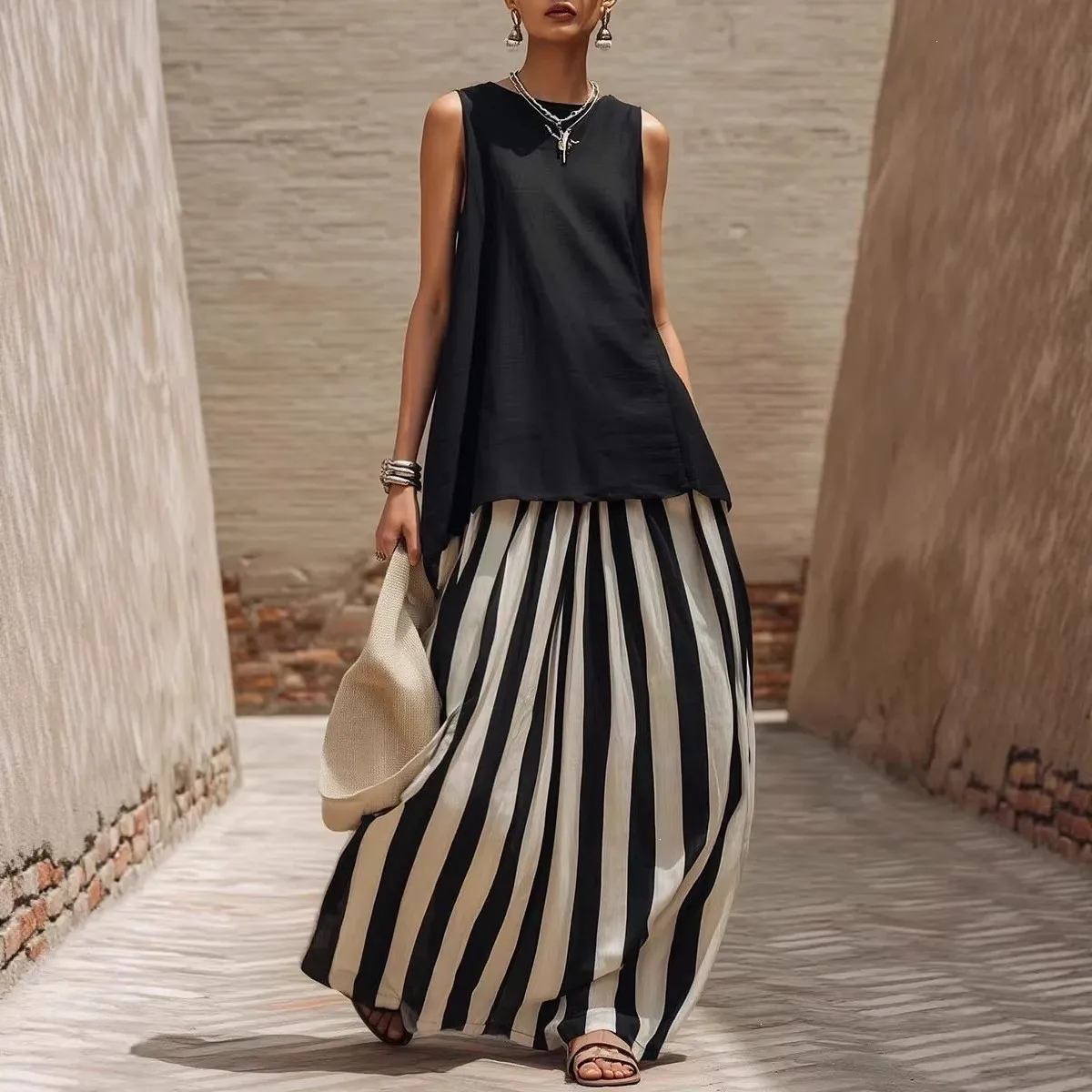 

Womens Matching Sets Dress Sleeveless Top Striped Skirt 2 Piece Set Maxi Dress Asymmetrical Hem Long Dress Black And White