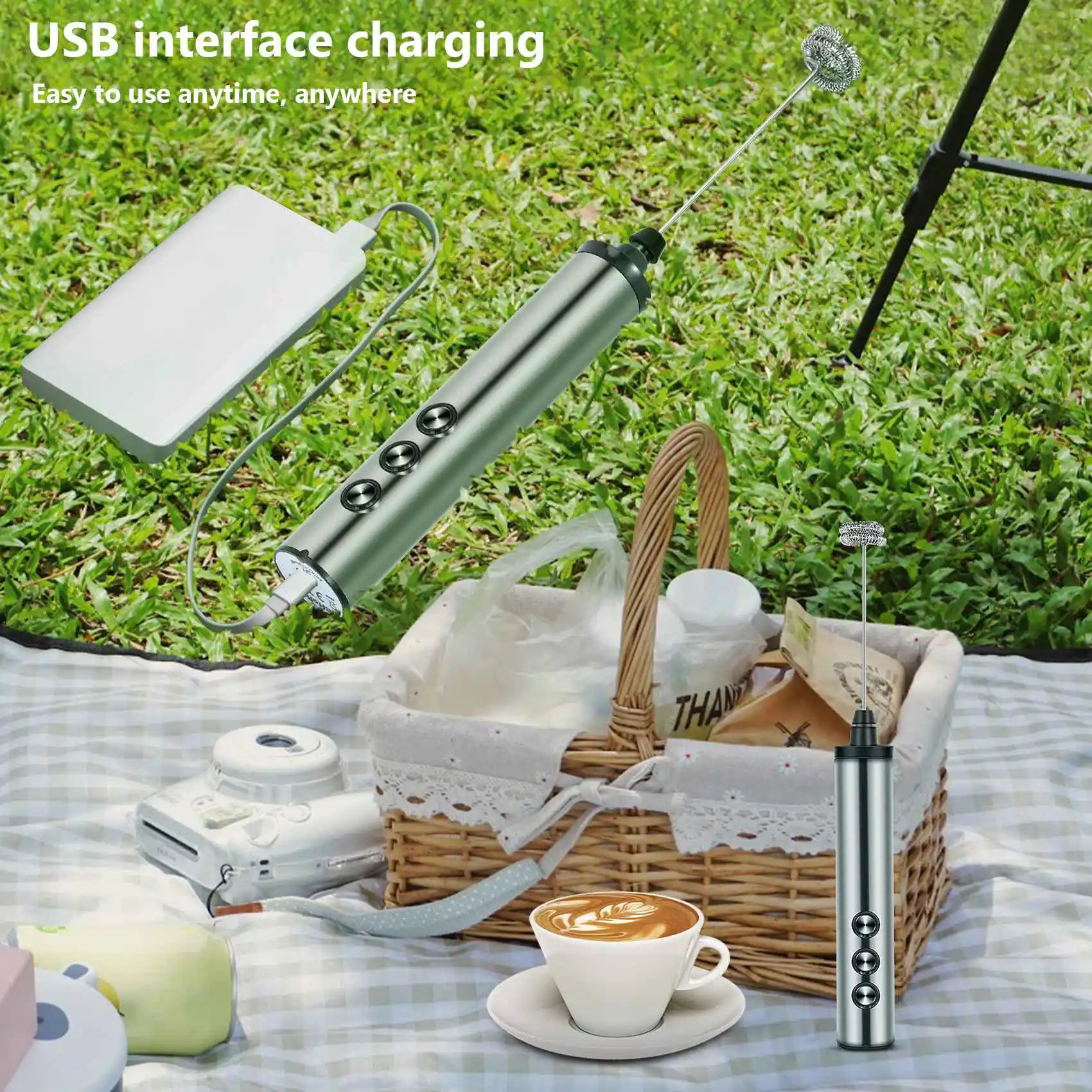 

AA94-USB Electric Milk Frother 3 Speeds Cappuccino Coffee Foamer 3 Whisk Handheld Egg Beater Hot Chocolate Latte Drink Mixer
