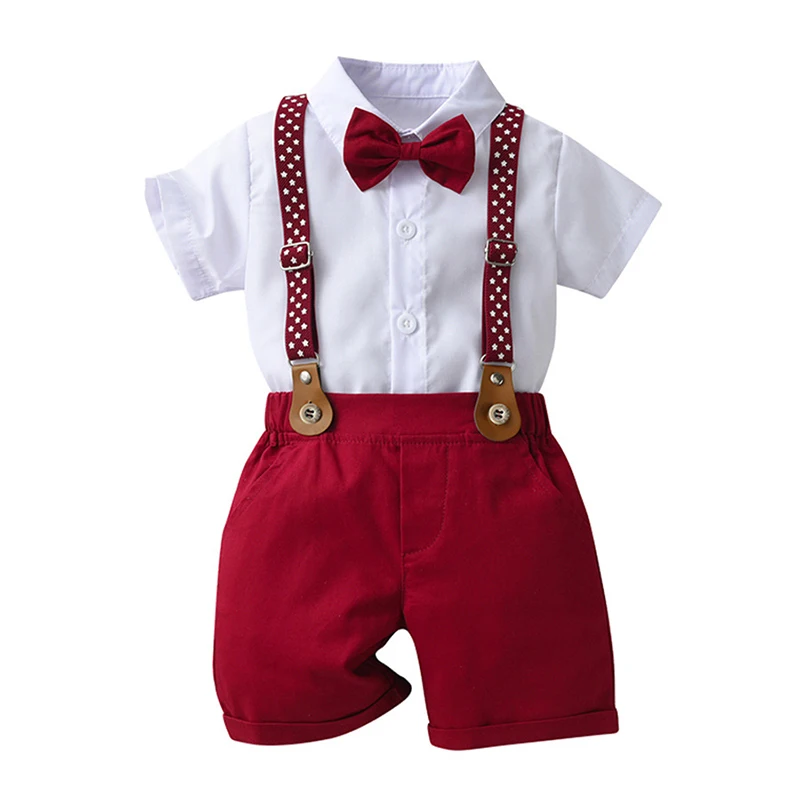 

BeQeuewll Kid Boys Shorts SetFor Summer Short Sleeve Shirt with Bow Tie Overall Shorts Summer Outfit For 1-5Years