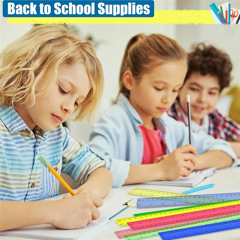 AB34-12 Inch Plastic Rulers, 32 PCS Transparent Assorted Color Metric Bulk Rulers With Inches Centimeters Millimeter.
