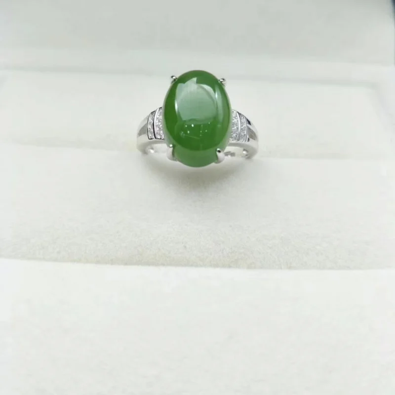 Hetian Jade 925 Silver Inlaid Spinach Green Noodles Women's Ring Open Mouth Send Certificate