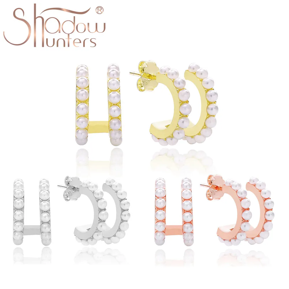 

SHADOWHUNTERS Real 925 Sterling Silver Big Pearl Studs Earrings Pave Two Rows Full Pearl Women Wedding Two Rows Half Hoop Studs