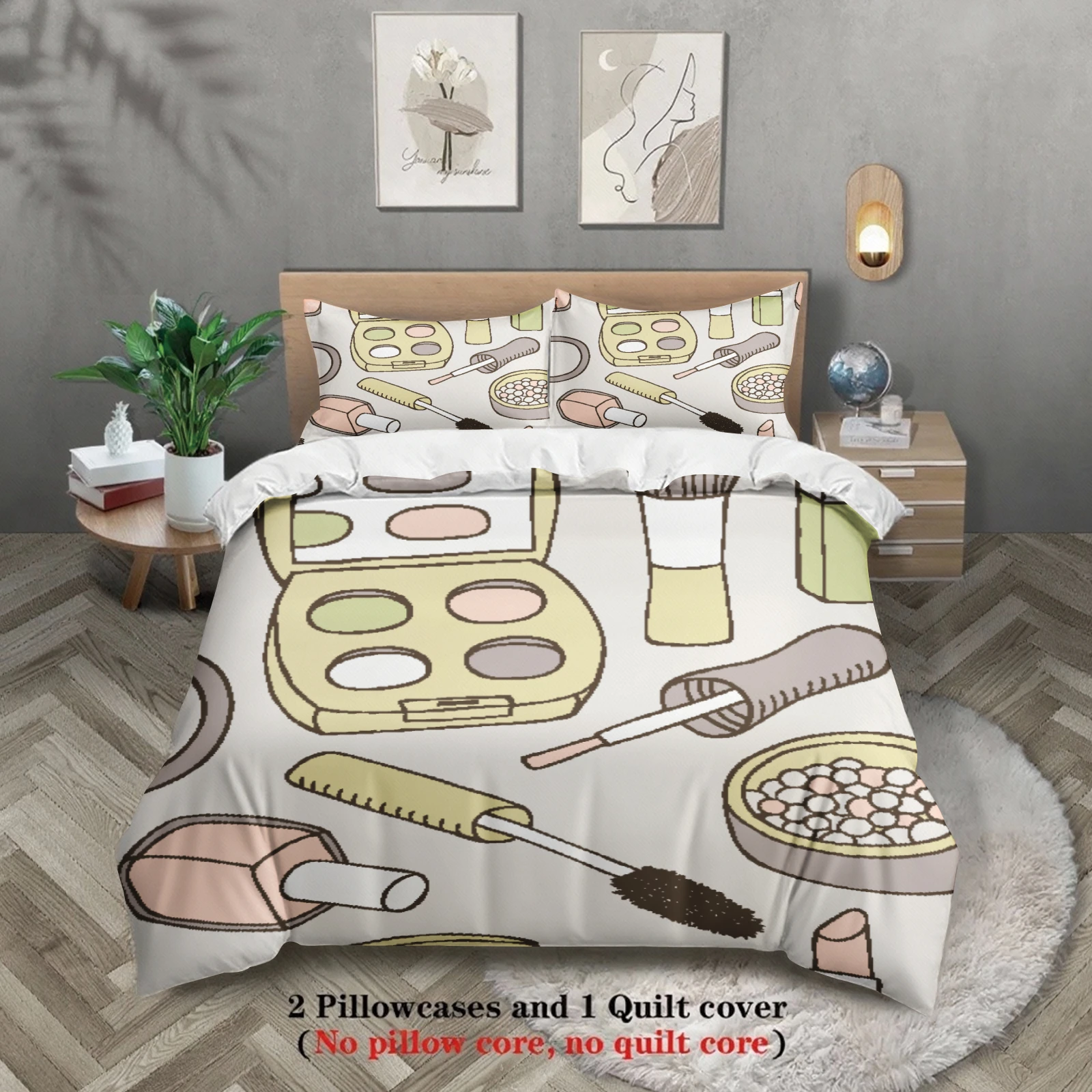 3pcs Makeup Tools Bedding Sets 3D Printed Cosmetic Pattern Duvet Cover Sets With Pillowcases No Filling