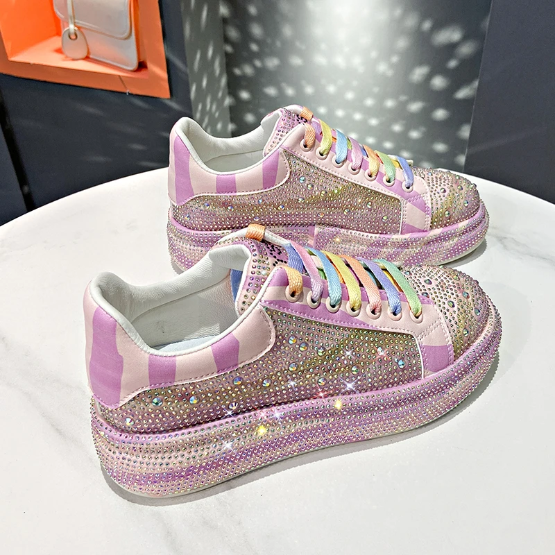 

Women's Luxury Diamond Shoes Fashion Color Blocked Platform Casual Shoes Lace Up Flat Sneakers Designer Shiny Vulcanized Shoes