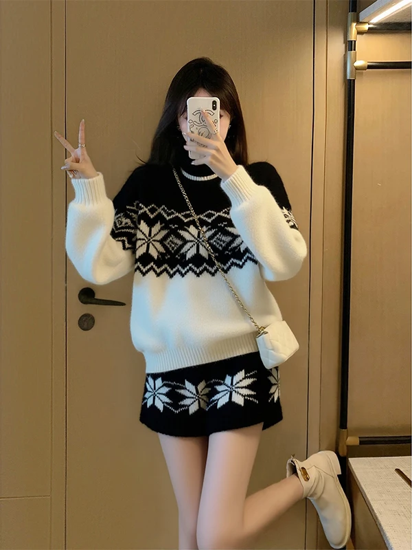 

Весенний вязаный комплект для женщин: новый стиль, черный свитер с узором Fair Isle, укороченные брюки, комплект из двух предметов, модная повседневная одежда