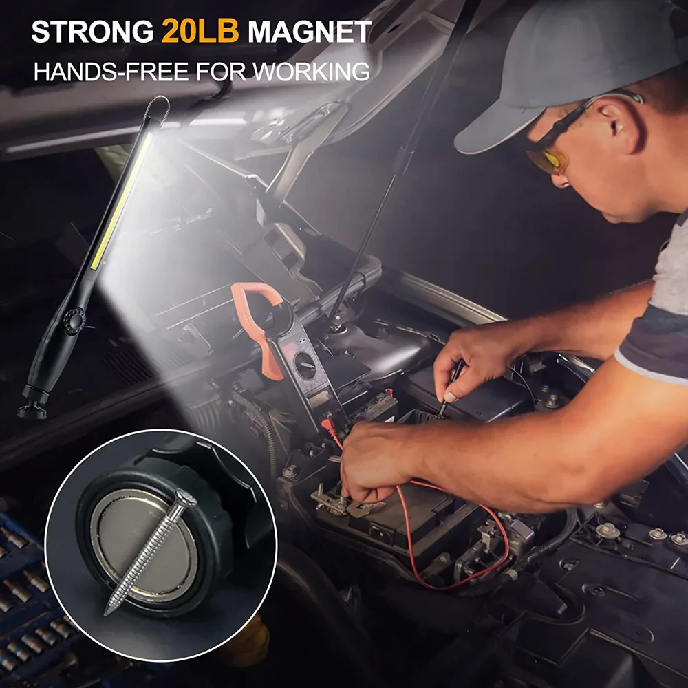 COB Magnetic Work Light 360° Rotatable USB Rechargeable LED Flashlight with Hook Design for Car Repair Camping Emergency