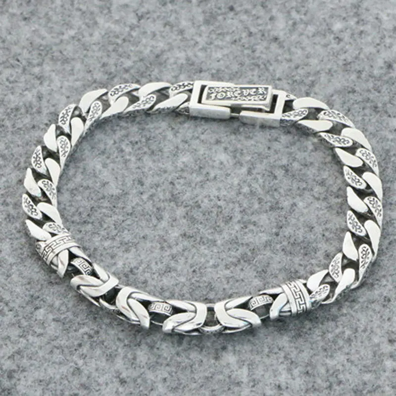 Ping An Wen Genuine 925 Sterling Silver Bracelet Men's Fashion Simple and Generous Men's Advanced Sense Silver Retro Handsome Je