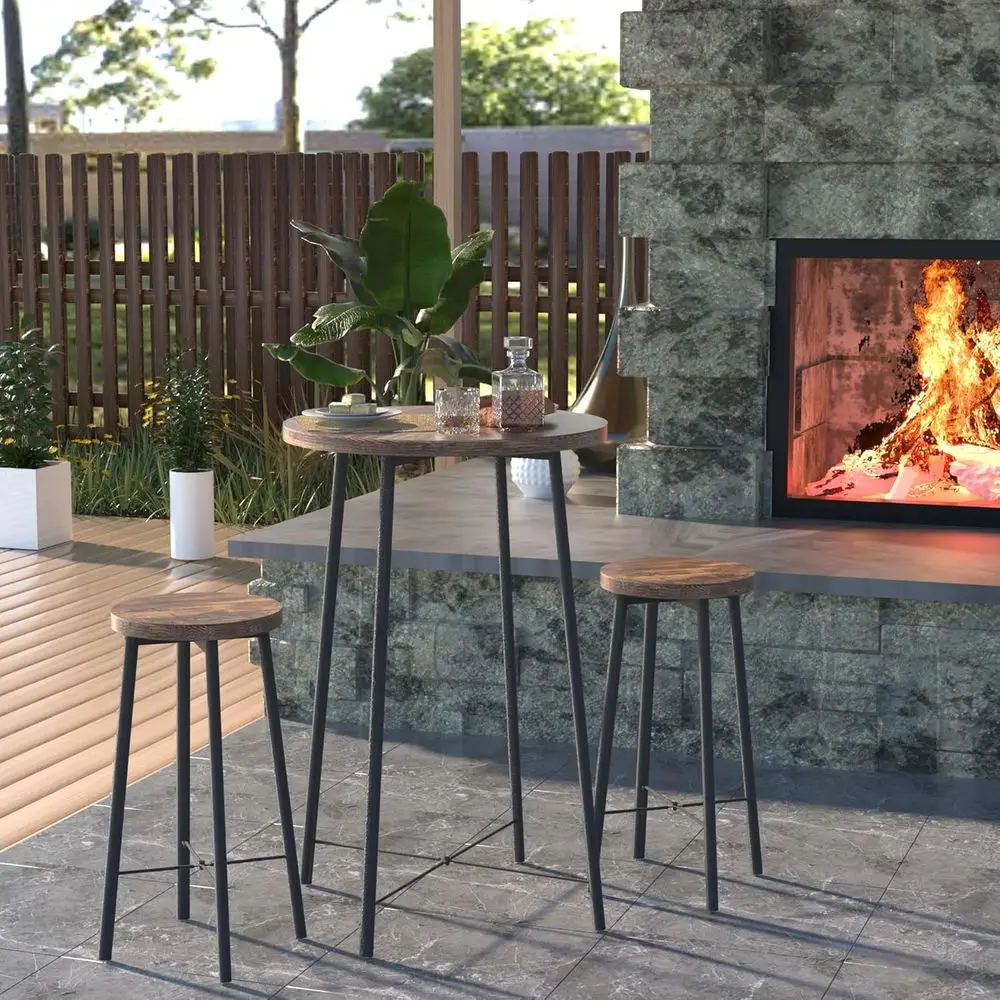 Small Bar Table and Chairs, Round Bistro Sets with 2 barstools, 3-Piece Pub Dining Furniture, Counter Height Wood Top for Breakf