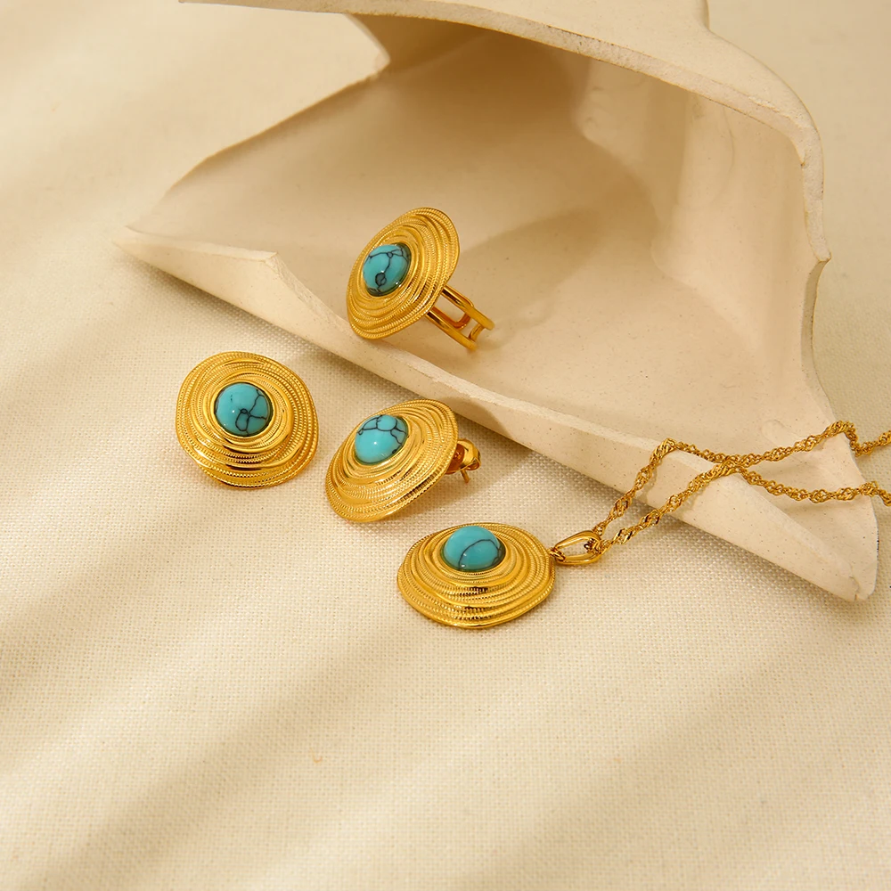 Fashion 18K Gold Plated Earring Stainless Steel Simulated Turquoise Stone Open Rings Necklace Earring for Women Party Gift