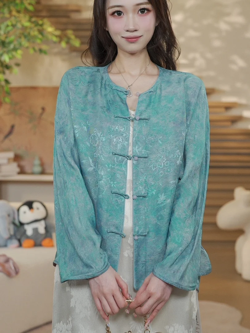 Abrigo corto de seda de doble cara con bordado Tka y cuello redondo estilo chino para mujer, efecto adelgazante